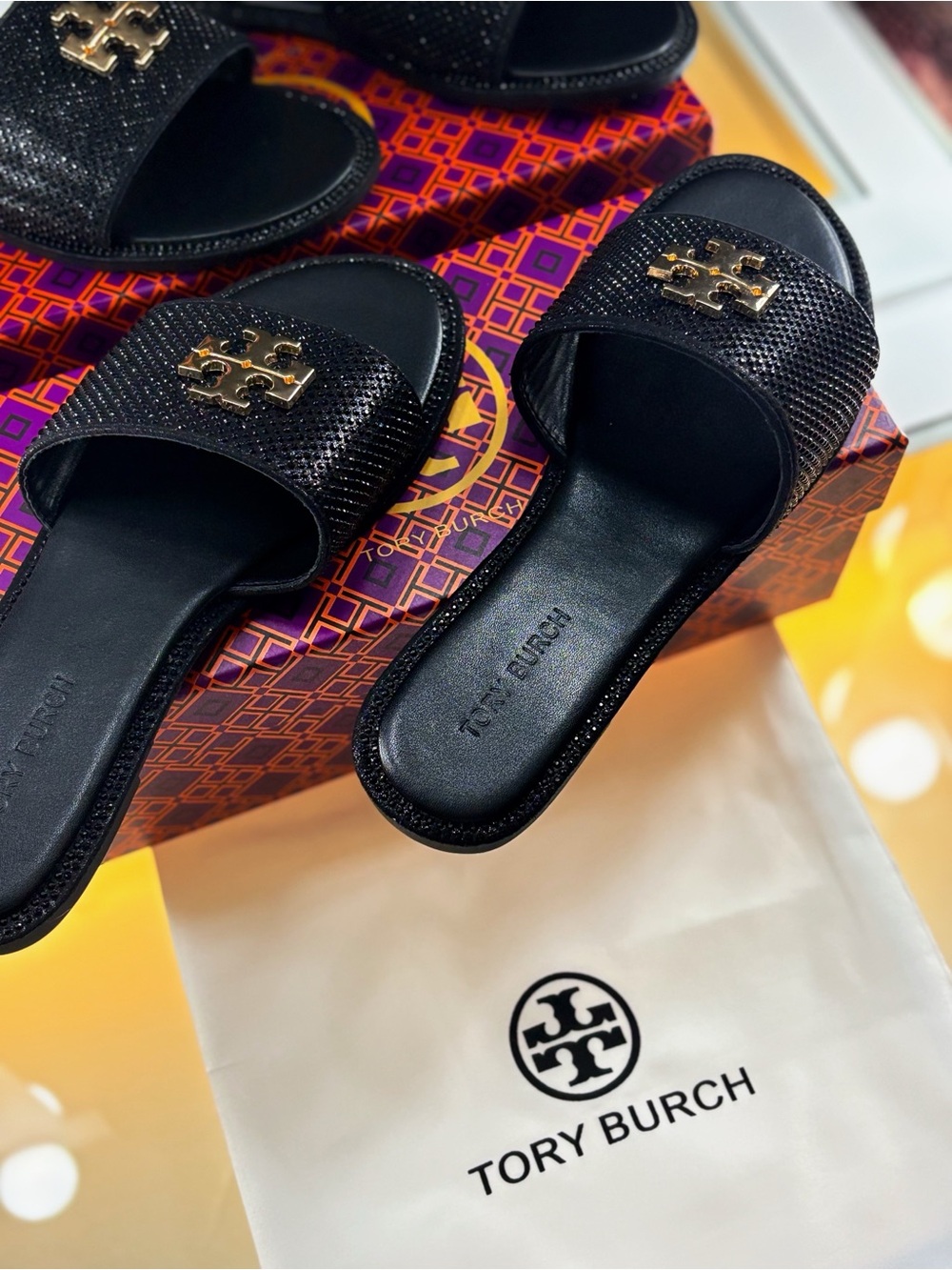 Tory Burch Black Slide Sandals with Gold Logo Accent